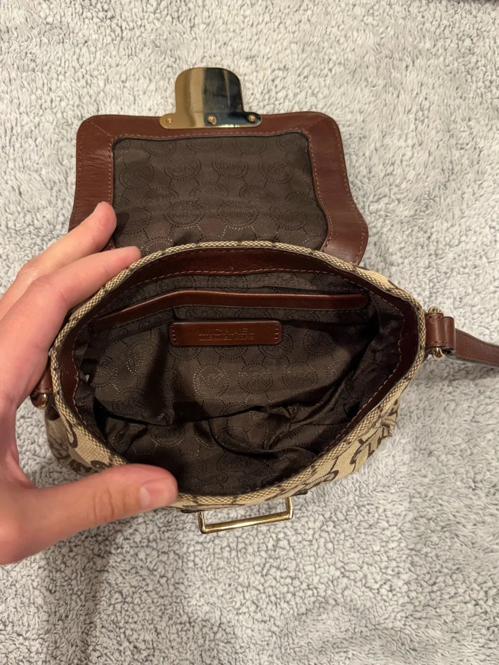 Michael Kors Beige and Brown Logo Crossbody with Gold Hardware
